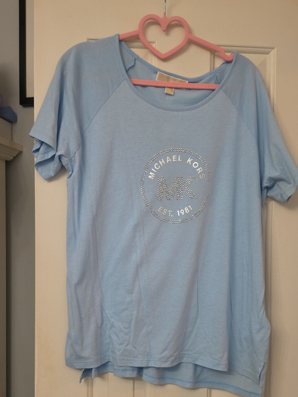 New With Tags Michael Kors Baby Blue Rhinestone MK Logo Tee Size Large